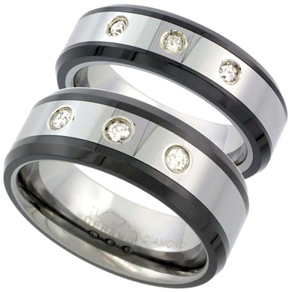 2-Ring Set 6mm & 8mm Black Tungsten 3 stones Diamond Wedding Band set Him & Her